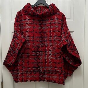 Coco + Carmen Red Black & Gray Chunky Knit Boxy Fit Poncho - One Size